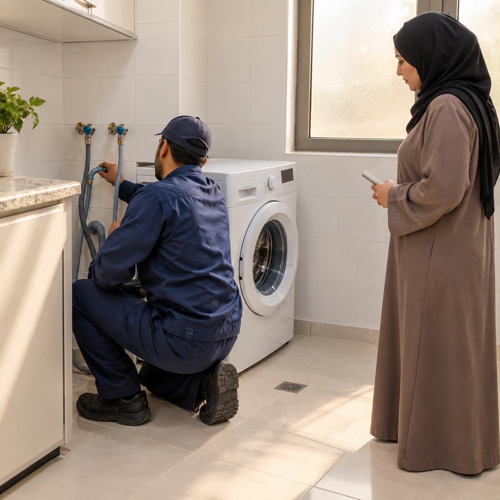 ركن غسيل منزلي نظيف في الكويت تظهر فيه غسالة أمامية وخراطيم تغذية على الجدار مع شخص يراقب من مسافة