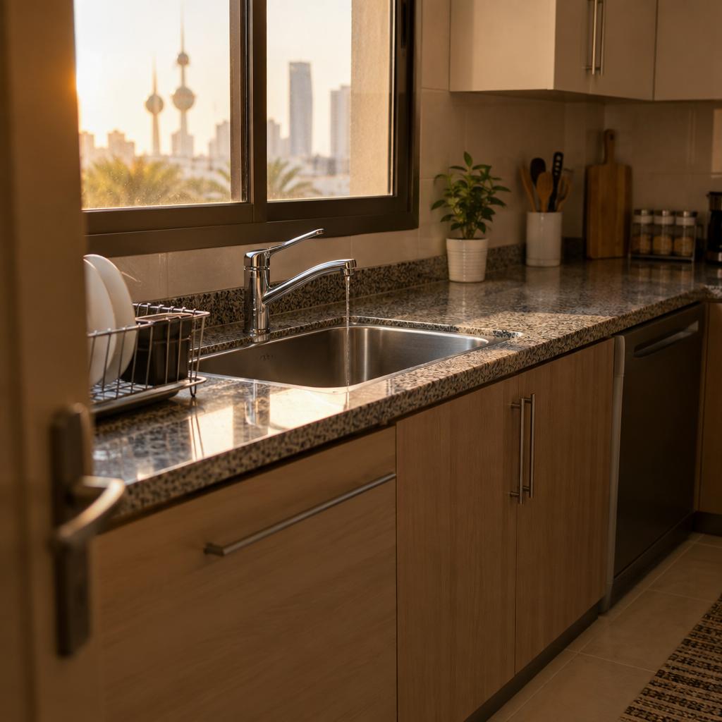 مطبخ منزلي في الكويت وقت العصر يظهر فيه خلاط حوض يخرج منه خيط ماء ضعيف إلى حوض من الستانلس ستيل