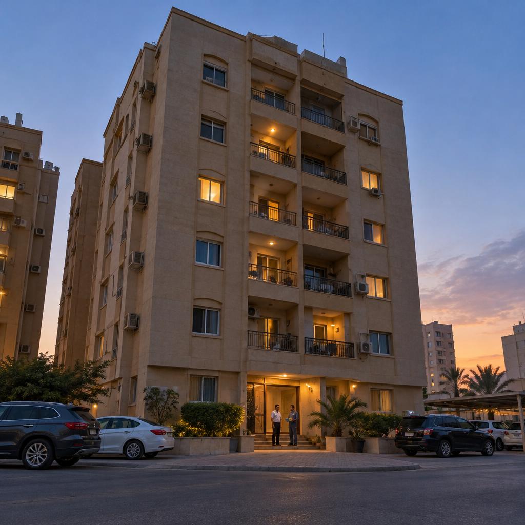 بناية سكنية متعددة الطوابق في الكويت عند الغسق ومشرف البناية يتحدث مع فني صحي عند المدخل