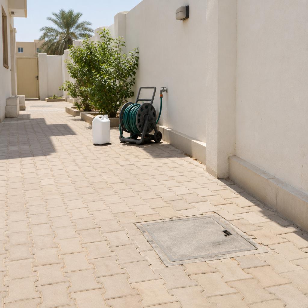 غطاء خرساني مغلق لجورة في فناء فيلا كويتية وعبوة بلاستيكية بيضاء بعيدة عنه