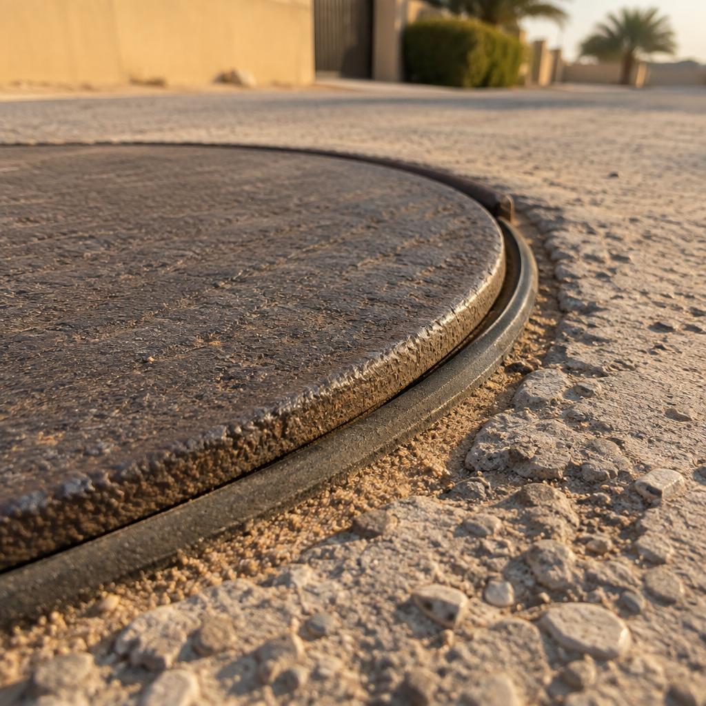 لقطة قريبة من زاوية منخفضة لحافة غطاء حديدي مغلق لجورة مثبت في الخرسانة مع غبار خفيف
