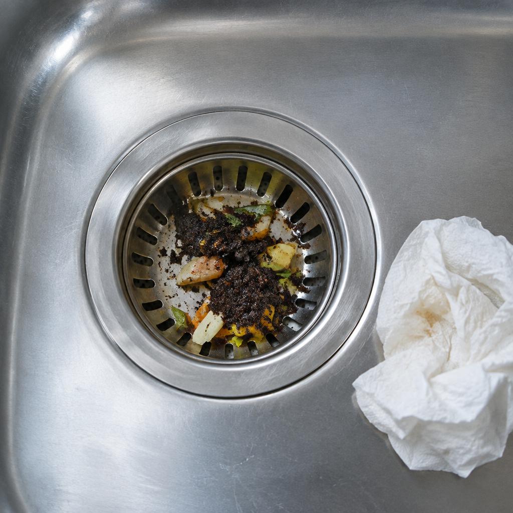لقطة علوية قريبة لمصفاة حوض مطبخ ستانلس عليها بقايا طعام صغيرة وتفل قهوة بجانب منديل ورقي